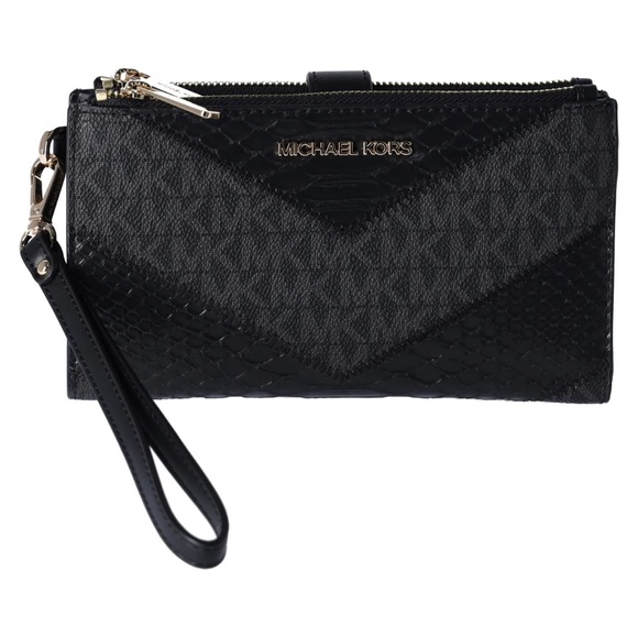 Michael Kors Jet Set Travel Large Double Zip Wallet MK Black Multi Python - Picture 5 of 5
